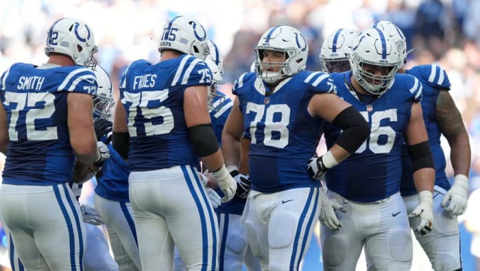 The Indianapolis Colts offensive line resets between plays Sunday, Oct. 2, 2022, during a game against the Tennessee Titans at Lucas Oil Stadium in Indianapolis.